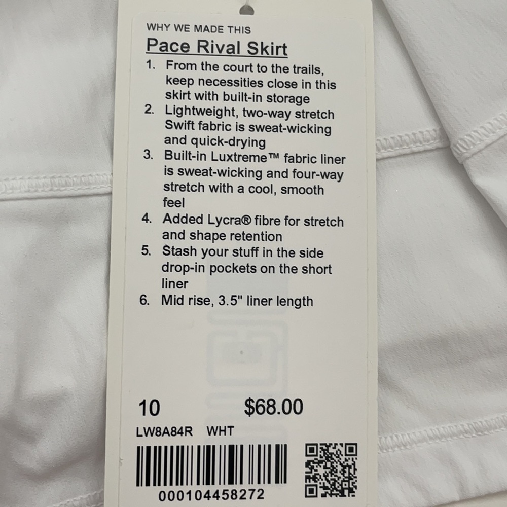 NWT Lululemon White Pace Rival Skirt Size 10 - Picture 7 of 15